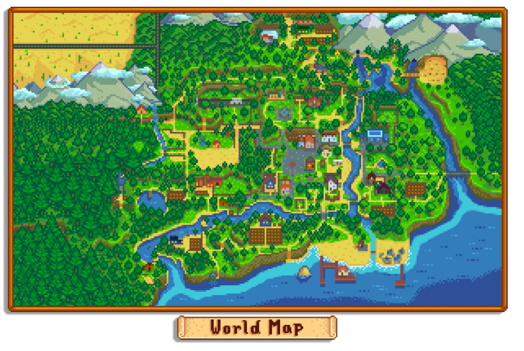 Image shows the map from Stardew Valley Expanded with the new areas available 